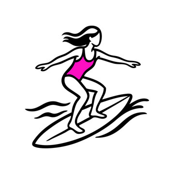 Vacaciones en la playa. Logotipo club de surf. Dibujo minimalista con l&iacute;neas de una chica con ba&ntilde;ador rosa surfeando en una tabla de surf con olas