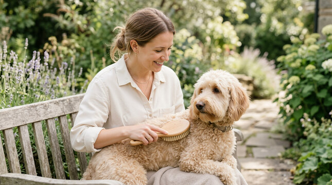 Woman grooming a dog with a brush in the garden. Reducing pet allergy dander concept