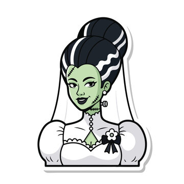 A green-skinned bride with a stitched face