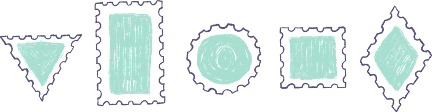 Hand drawn postage stamp frames set in doodle children style. Vector textured blank mail stamps with colorful fill and sketch borders isolated on white background.