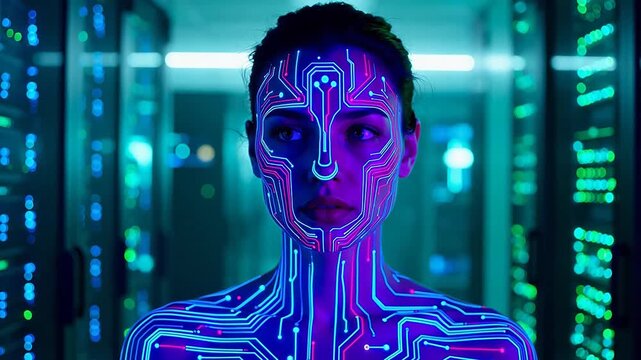 Woman with glowing circuit patterns on face and body