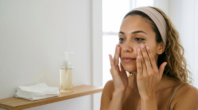 Woman removing makeup with oil cleanser. Skincare routine with smudged mascara in bathroom