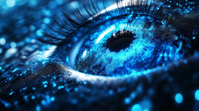 Close up of a futuristic glowing human eye integrated with complex digital circuitry and vibrant blue light data streams patterns