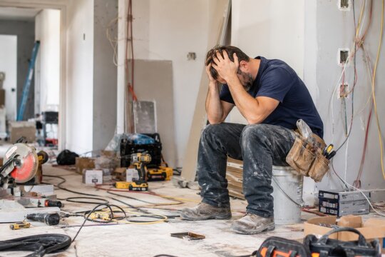 Side profile view of a frustrated male builder or contractor holding his head in hands, sitting on a bucket amidst tools and debris in an unfinished room during house renovation or construction delay.