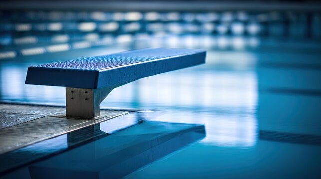 trembling. Long blue diving board in indoor pool with reflection on water. product launch decks, UI/UX mockups, designed for product launches and innovation pitches, supports product launches.