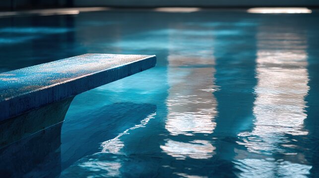 trembling. Long blue diving board in indoor pool with reflection on water. product launch decks, UI/UX mockups, designed for product launches and innovation pitches, supports product launches.
