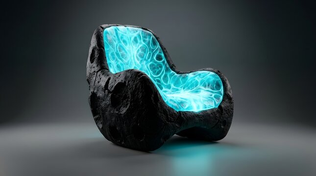 Futuristic glowing armchair with volcanic rock texture, sci-fi bioluminescent lounge chair, alien technology furniture with neon blue energy core
