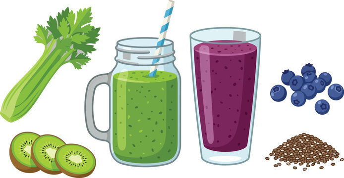 Healthy green and purple fruit smoothies with fresh celery blueberries and chia seeds vector