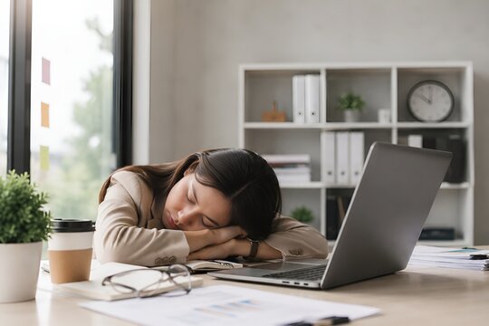 Exhausted businesswoman sleeping at desk during workday in office