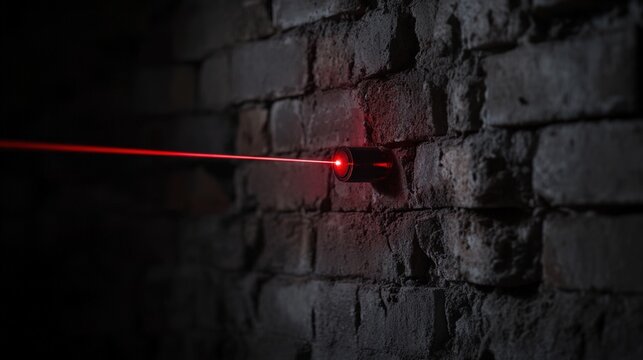 prerequisite. A red laser beam precisely aligned on an unfinished brick wall in a workshop. product launch decks, UI/UX mockups, designed for product launches and innovation pitches.