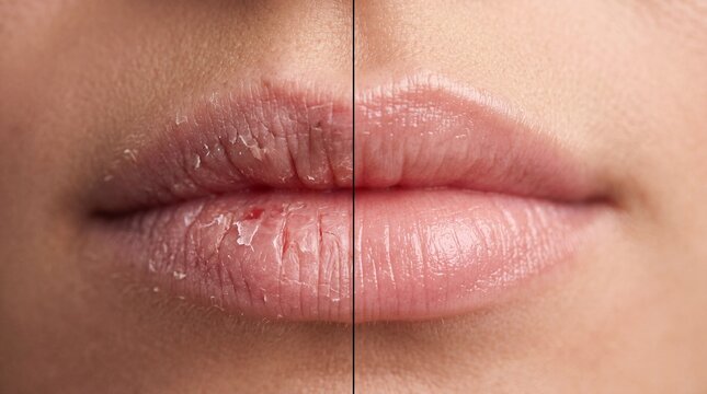 Dry lip chapped lip smooth lip healthy lip before and after closeup female skincare beauty hydration mouth natural
