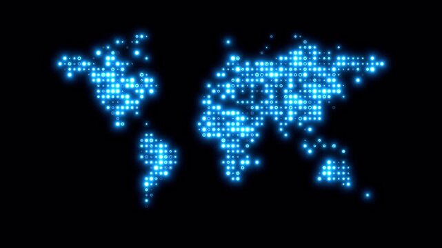 Abstract Glowing Blue Dotted World Map Animation on Black Background.
