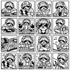 Fototapeta premium DJ Raccoon wearing headphones and DJing at a party music festival at the beach with a giant speaker and turntable 