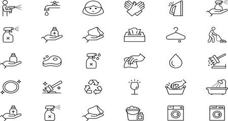 Fototapeta premium Set of cleaning and hygiene line icons for household chores and professional sanitation tasks