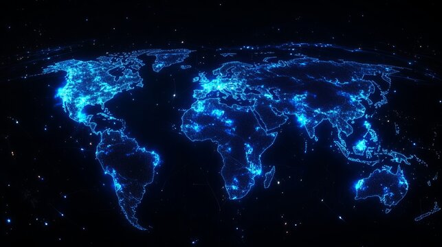 Glowing blue digital world map showing interconnected cities and continents across the planet in a dark high resolution space environment