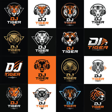 DJ Tiger Head logo designs collection with headphones