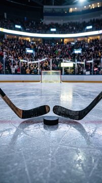 close-up of black hockey puck between two hockey sticks on ice rink.dramatic anticipation of a major hockey event.Ice Hockey World Championship.