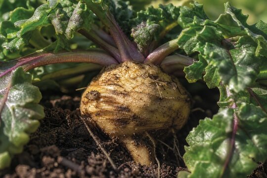 Extreme close-up of a maca plant focusing on its thick, textured root.
