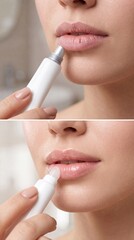 Naklejka premium Chapped lips close up female applying lip balm dry skin moisturizing before and after skincare healing beauty soft healthy