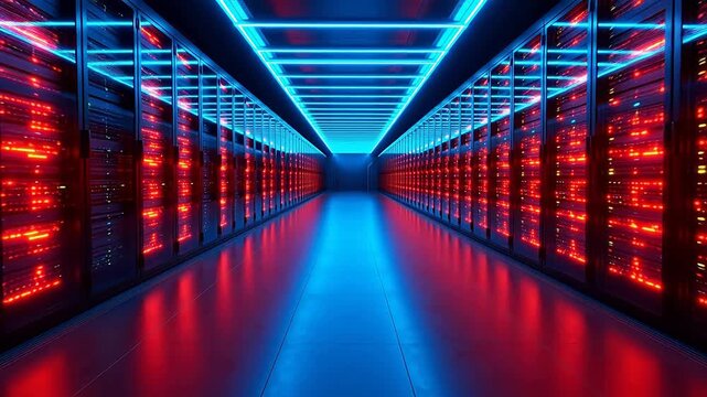 server room with red and blue lights