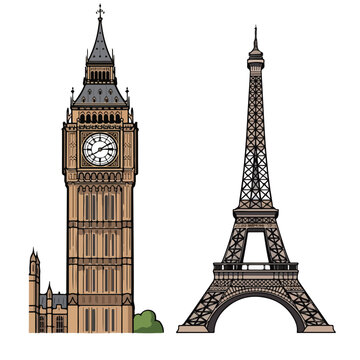 A digital illustration of Big Ben and the Eiffel Tower