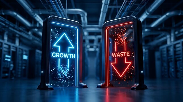 Futuristic digital portals stand in a server room, symbolizing business growth optimization and technological waste reduction