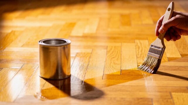 A close-up view of a person applying a protective wood varnish onto a beautiful oak parquet floor.