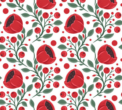 Vector decorative seamless pattern with red poppies and berries on white background. Folk art vertical floral ornament. Texture with wildflowers