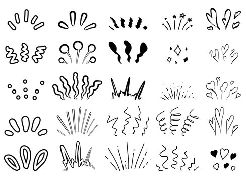 Vector set of black hand drawn explosions and burst isolated from background. Monochrome collection of marker fireworks