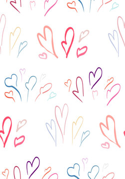 Vector seamless pattern with colorful pastel scribble hearts on white background. Doodle texture with hand drawn symbols of love