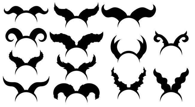 Vector set of black silhouette of hair band with various devil horns. Mythology accessories for hair. Collection of shadow of headband fantasy horns