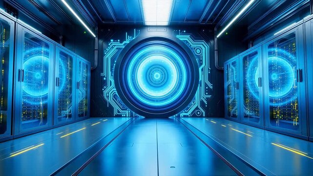 Futuristic server room with glowing blue design