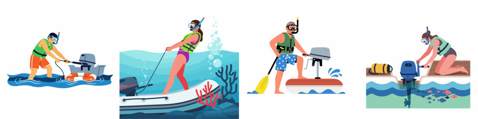 Illustrated collection of people enjoying water sports and activities with small outboard boat motors, including snorkeling, boating, and maintenance tasks. © Muqodimatul