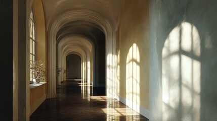 Obraz premium Vaulted corridor lit by sunshine from windows, shadows cast along walls