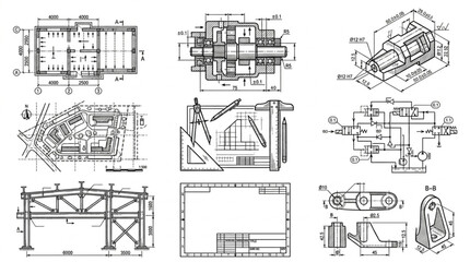 Obraz premium Architectural blueprints and technical drawings collage.