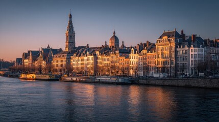 Obraz premium Riverfront European city skyline at sunrise, buildings reflecting in water