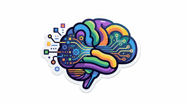 A colorful brain illustration with circuit board and gear elements