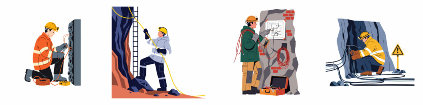 Illustrations of industrial technicians and miners working with electrical cables and technical equipment in underground settings like mines and caves.