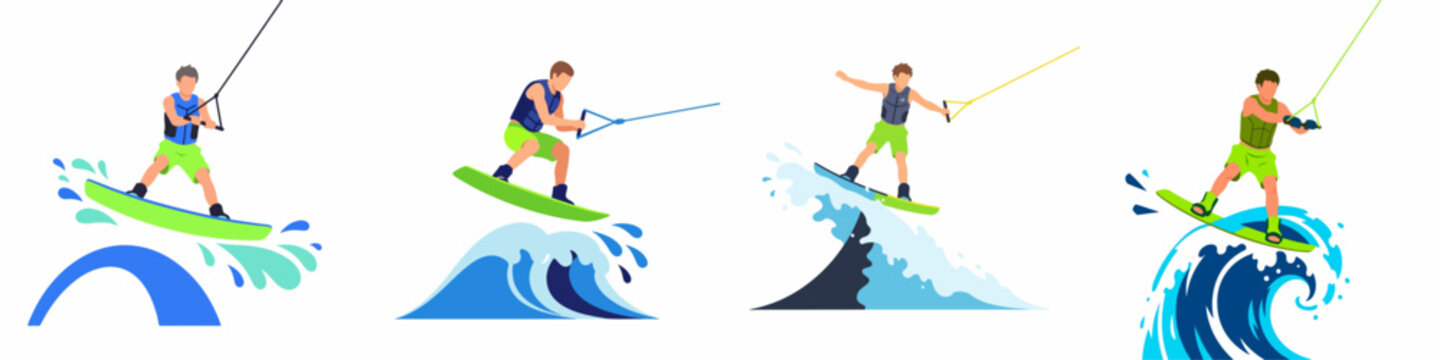 Set of flat illustrations showing various male wakeboarders performing jumps and tricks on waves while being towed by a rope.