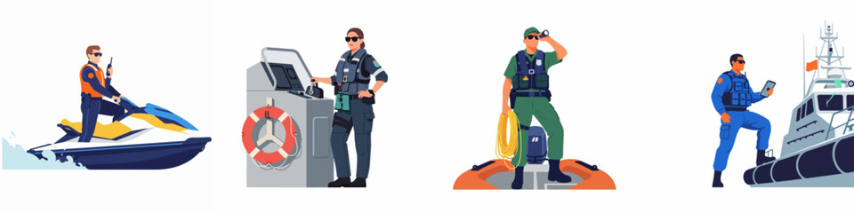 Fototapeta premium Flat vector illustrations of Coast Guard personnel and maritime security officers operating patrol boats, jet skis, and specialized sea vessels for marine safety.