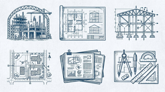 Architectural blueprints and drafting tools illustration.