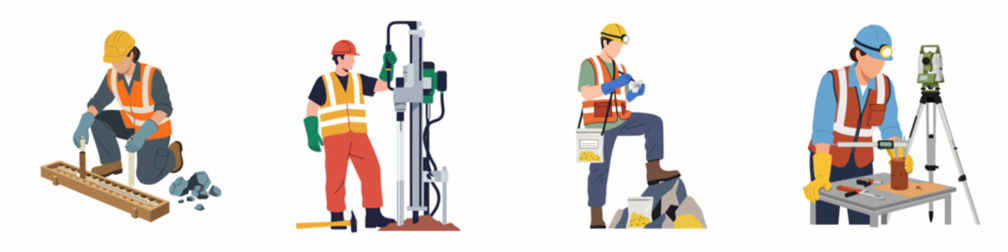 Set of illustrations showing mining professionals, geologists, and engineers performing drilling, core sampling, surveying, and field analysis in the extractive industry.