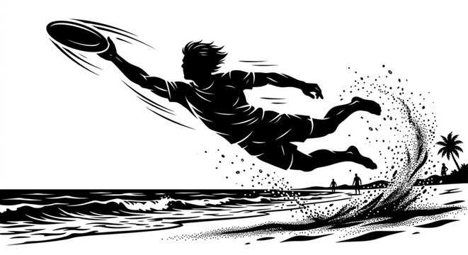 Dynamic beach scene, man jumping catching frisbee, black silhouette illustration, sporty vector graphic