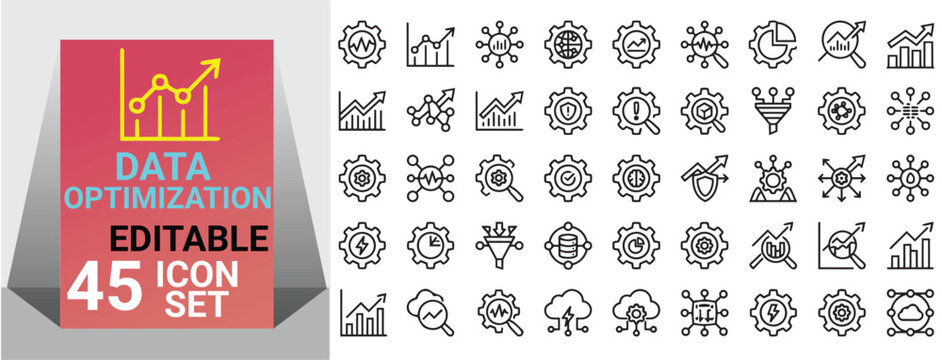 Business analytics icons set featuring data optimization, gear mechanism, financial growth chart, process automation, cloud computing, and workflow funnel vector linear symbols