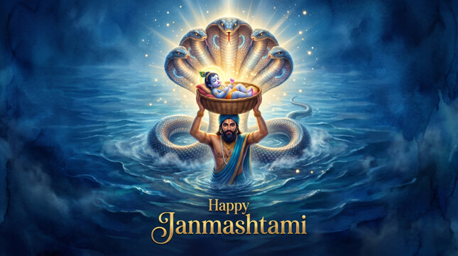 Divine Birth of Baby Krishna Protected by Sacred Serpent for Janmashtami Festival Greeting