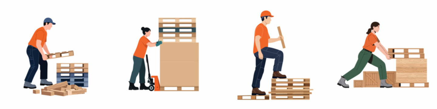 Set of warehouse workers characters handling wooden pallets and crates in storage facility