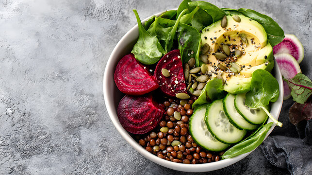 Lentil Salad Bowl With Avocado, Beetroot, Cucumber and Spinach