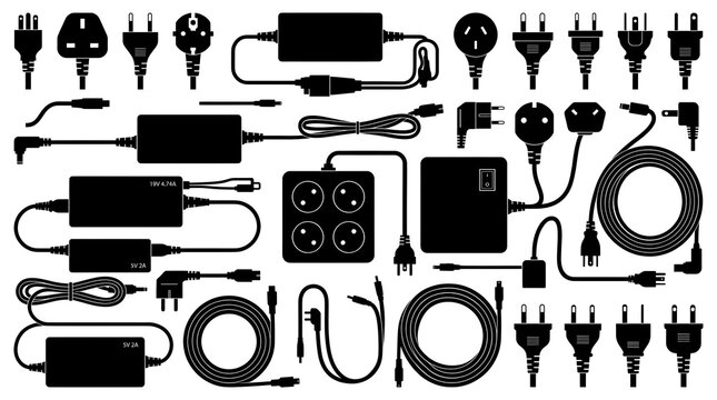 Electrical plug silhouettes and power adapter icons, black electronic cable set on white background, universal charger and socket collection for technology design