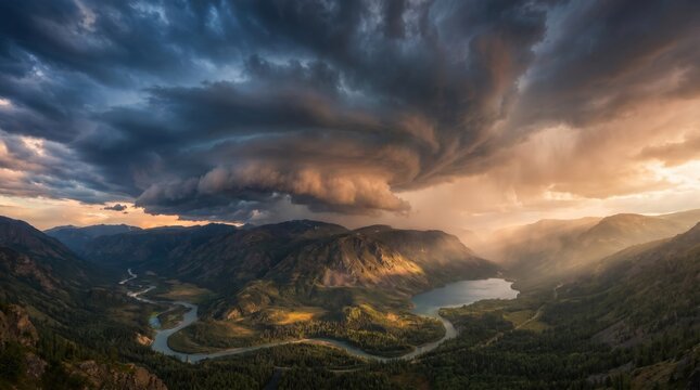 Powerful storm clouds and golden sunset light swirling over a scenic mountain valley