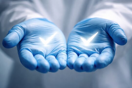 Hands wearing blue latex gloves hold two glowing check marks, symbolizing approval or confirmation, against a blurred background in a clinical or laboratory setting